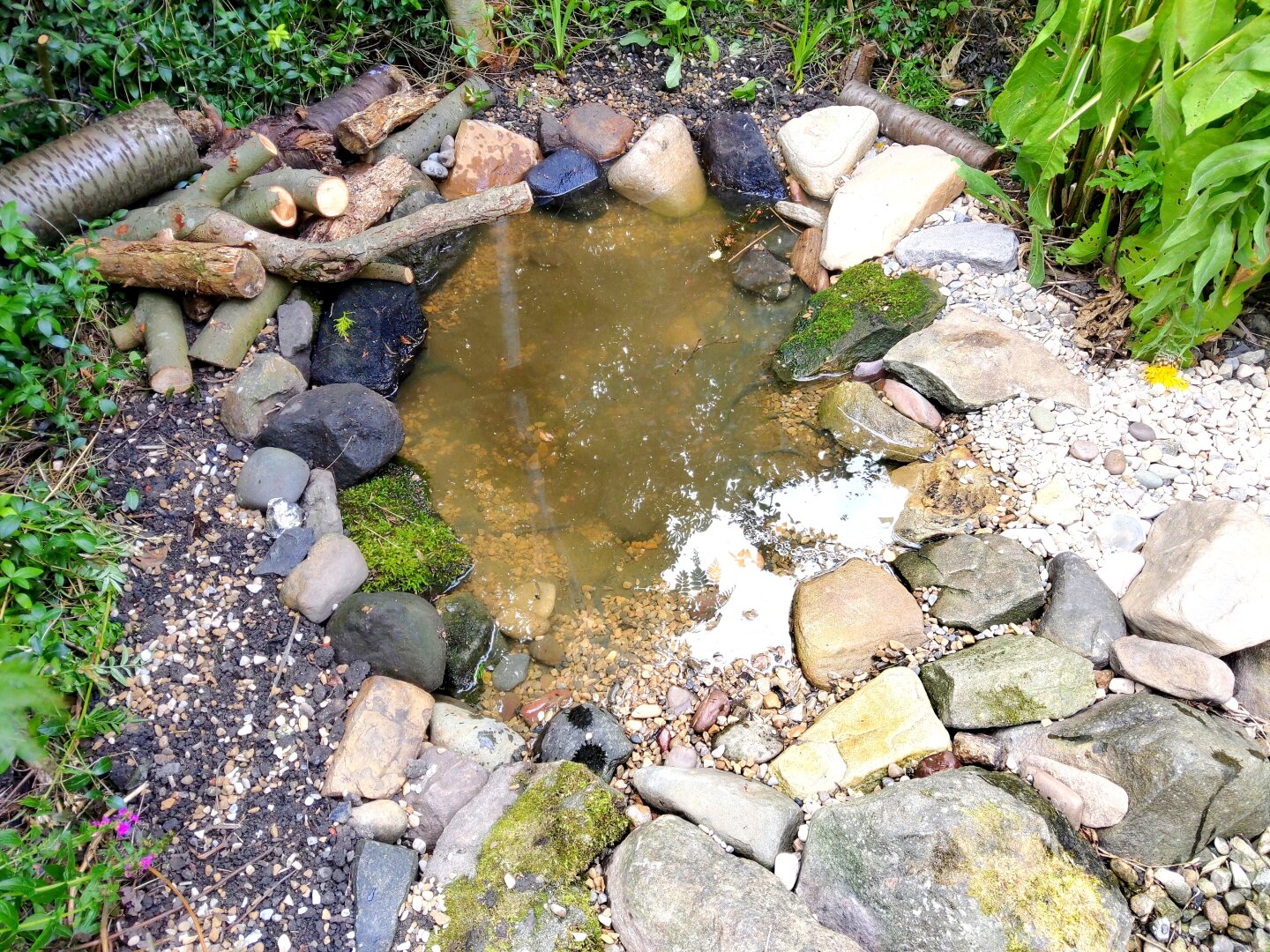 A small pond edged with smooth rocks and pebbles, currently sans plants