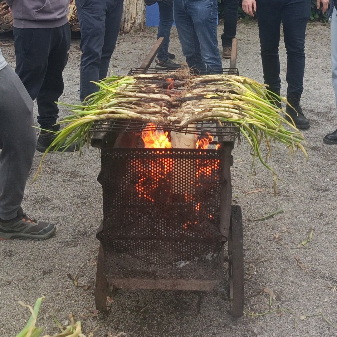 Calçots coent-se en una graella metàl·lica en forma de carretó, amb persones al voltant.