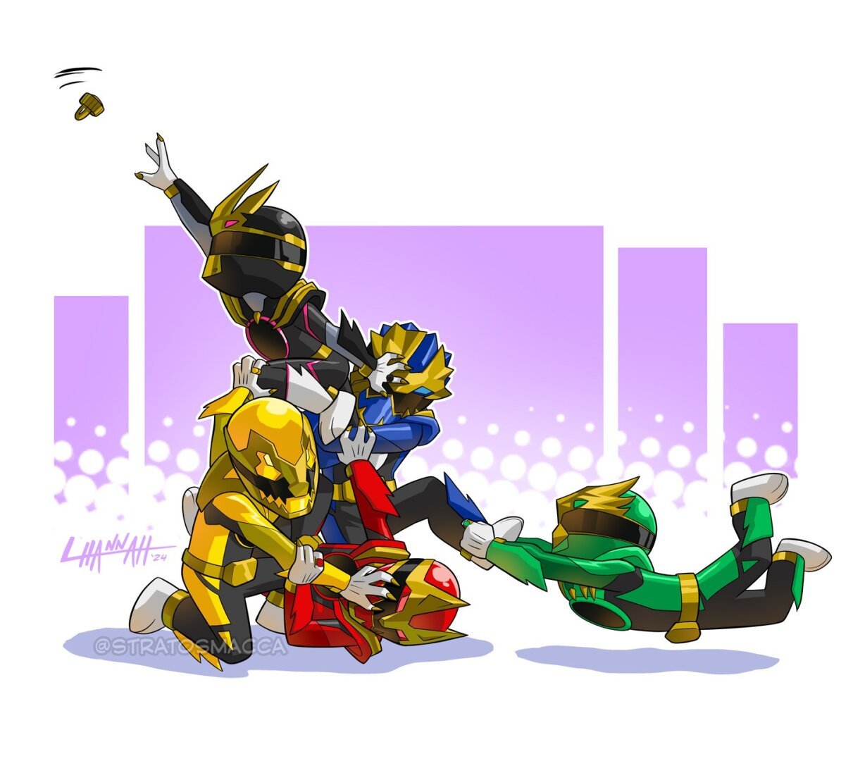 A drawing of the Gozyuger crew fighting over a Sentai ring.