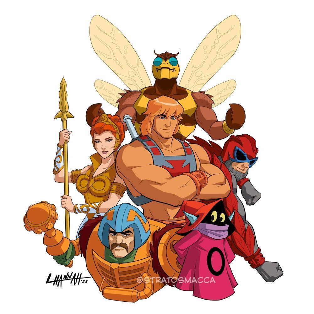 A drawing featuring characters from Masters of the Universe with He-Man in the center, surrounded by Stratos, Buzz-Off, Orko, Man-At-Arms and Teela.