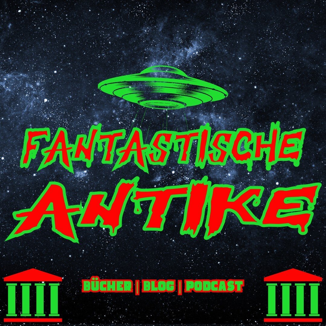 Das Bild zeigt das Logo meines Projekts. Der Titel, darüber ein Ufo, darunter zwei antike Tempel.