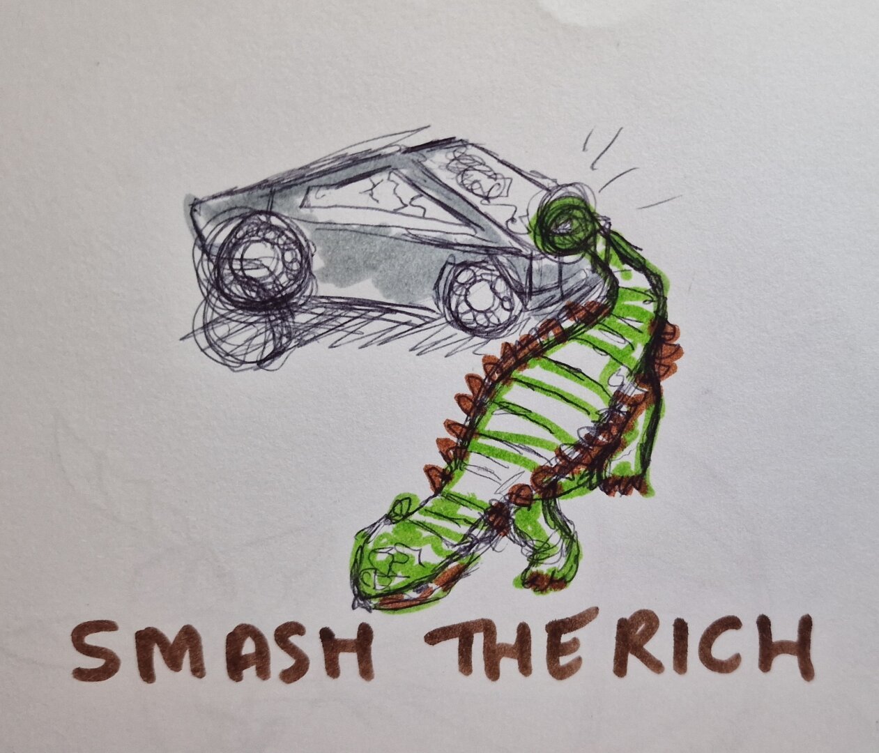 A badly drawn Ankylosaurus smashing a cybertruck, also badly drawn