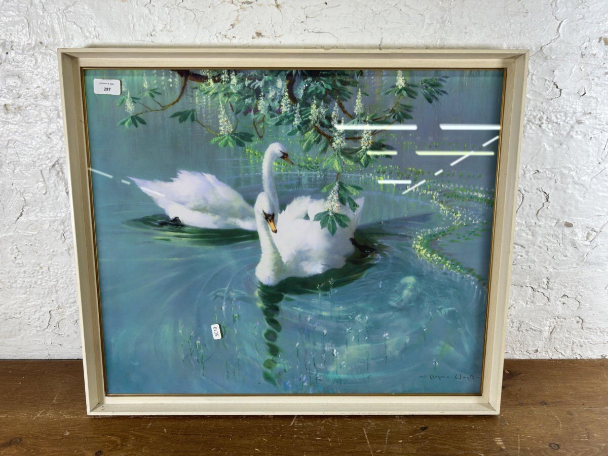 Framed, kitsch painting of two swans... with added drowned corpse