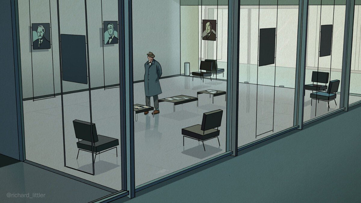 Illustration: Jacques Tati in Playtime. The main character stands alone in a glass walled waiting room