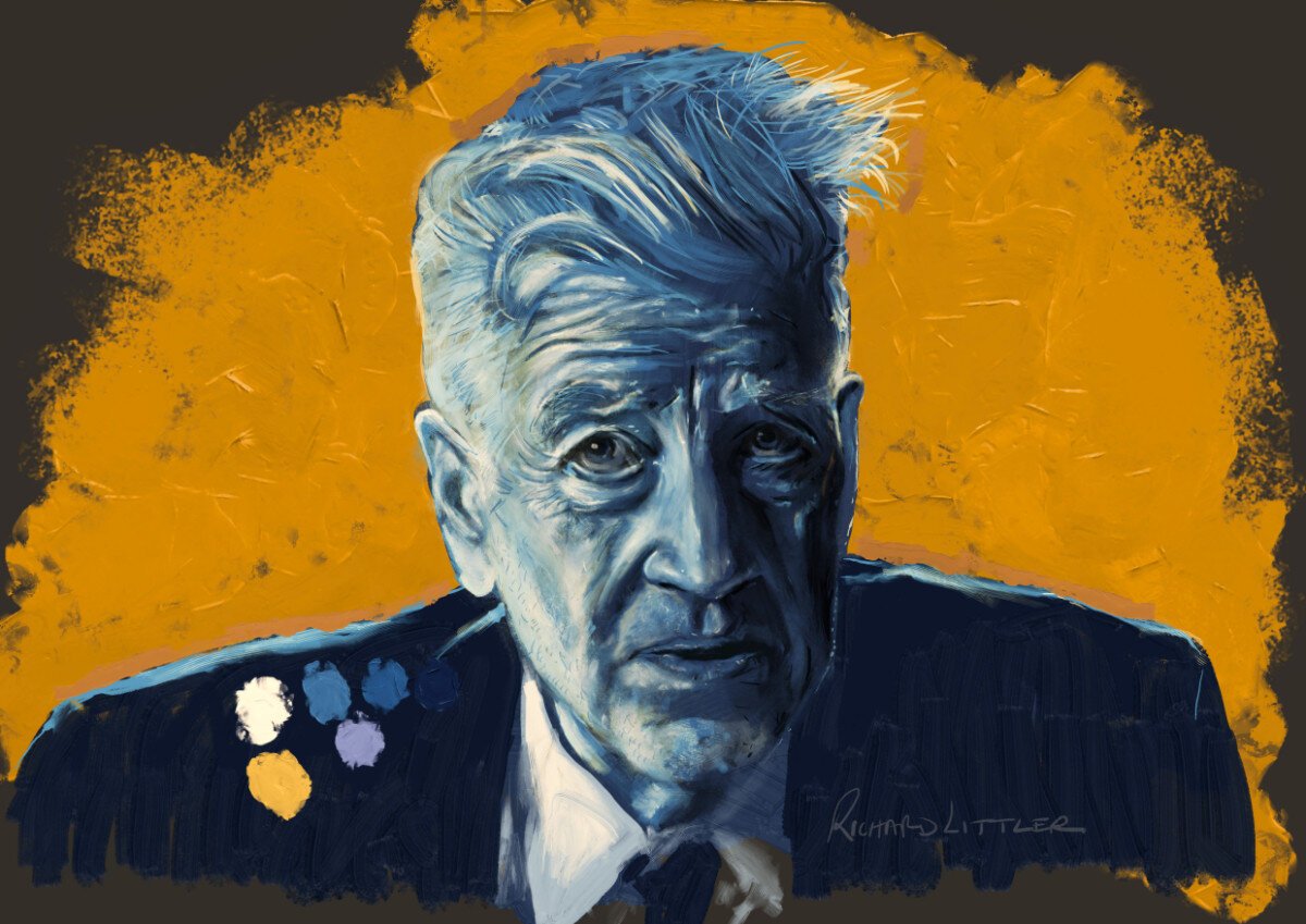 digital painting of David Lynch in blue tones with yellow-orange background