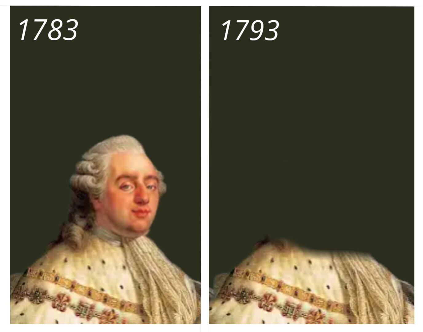 Das Bild spielt auf Ludwig XVI. an, der 1793 während der Französischen Revolution hingerichtet wurde. Links sieht man ihn vollständig mit seiner königlichen Kleidung im Jahr 1783, während rechts im Jahr 1793 sein Kopf fehlt, was symbolisch für seine Enthauptung steht.