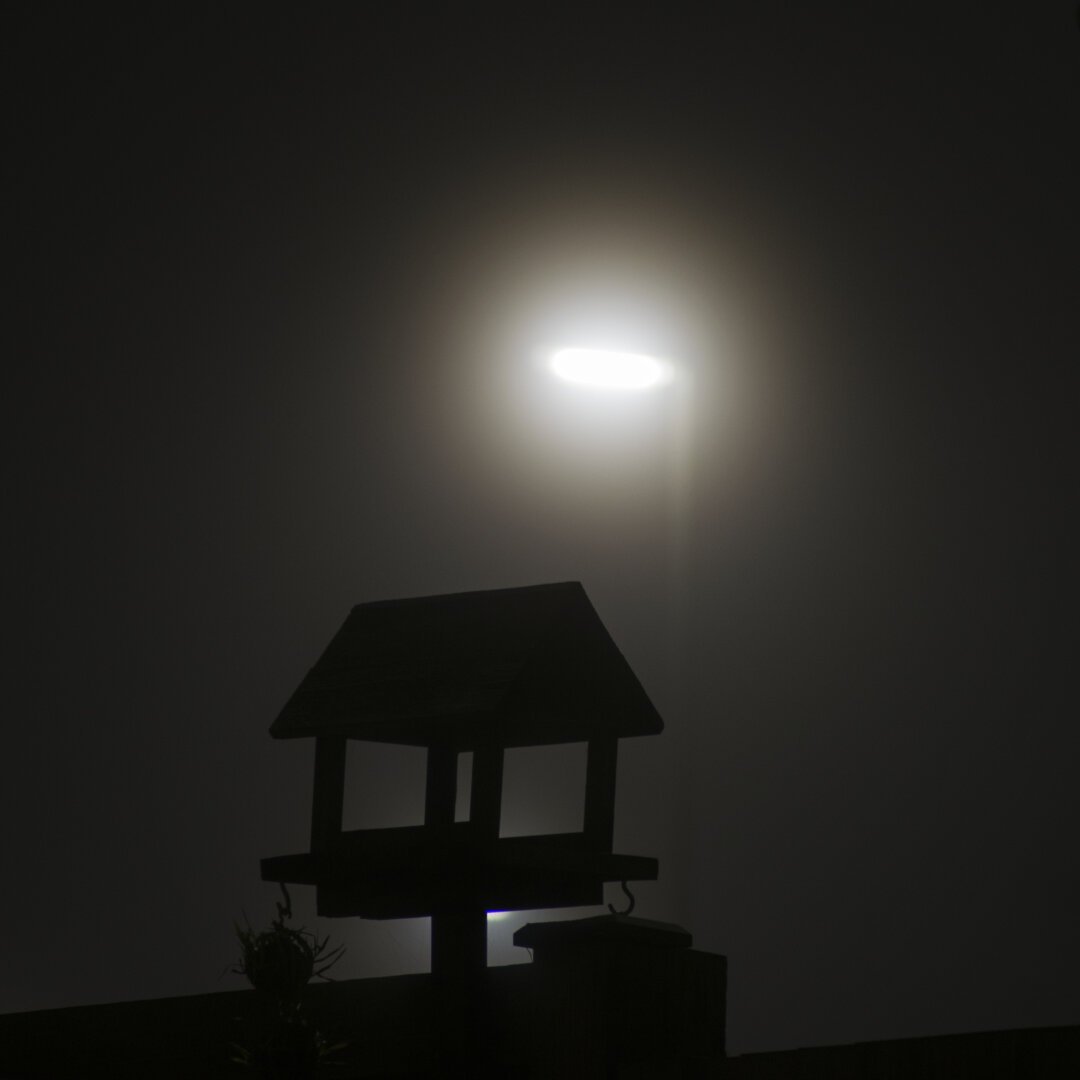 A birdbath house thing on top of a garden fence at night, silhouetted against the diffuse illumination from a streetlight in the fog.