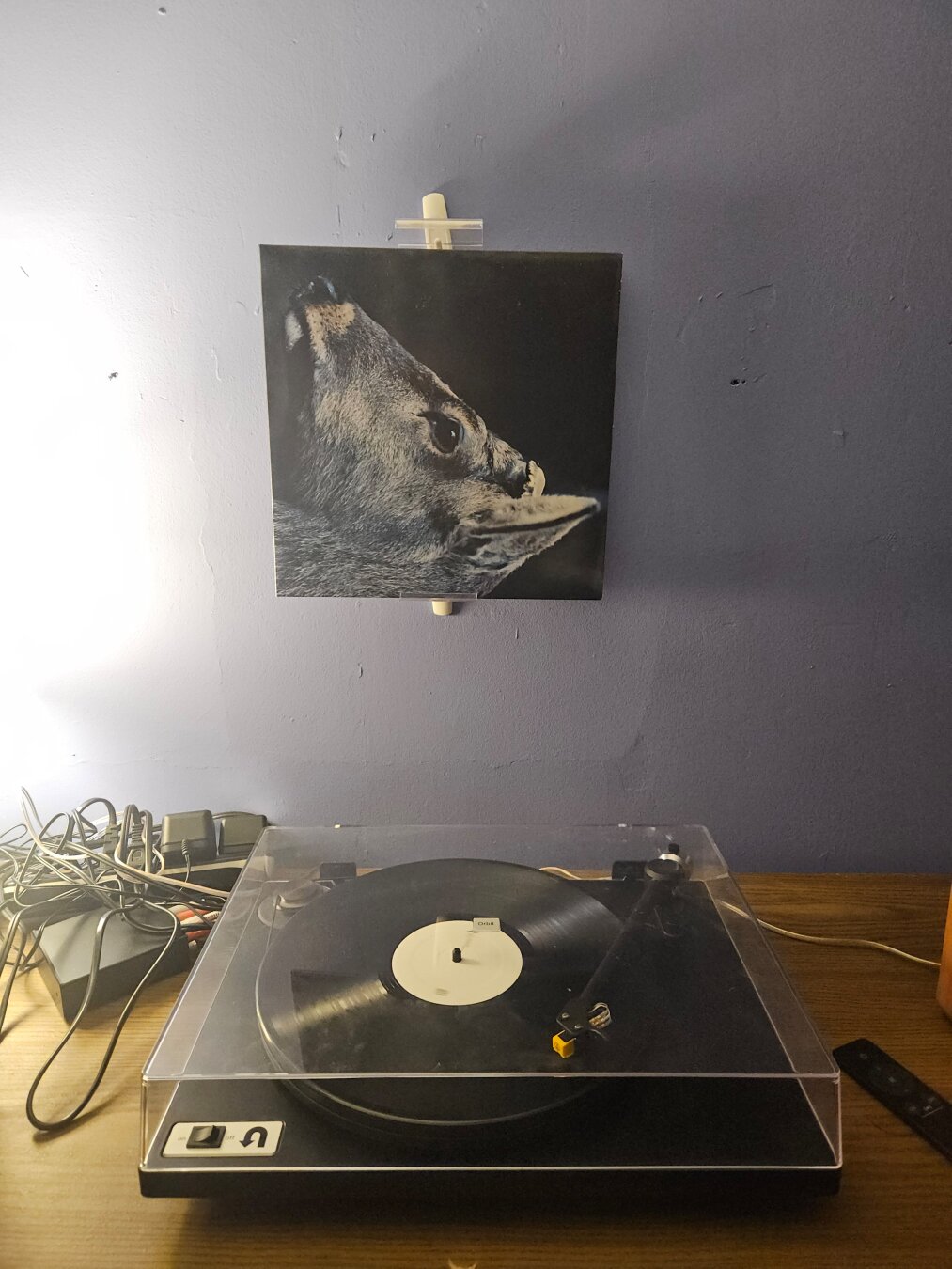 A vinyl record slip hanging on the wall above the playing record