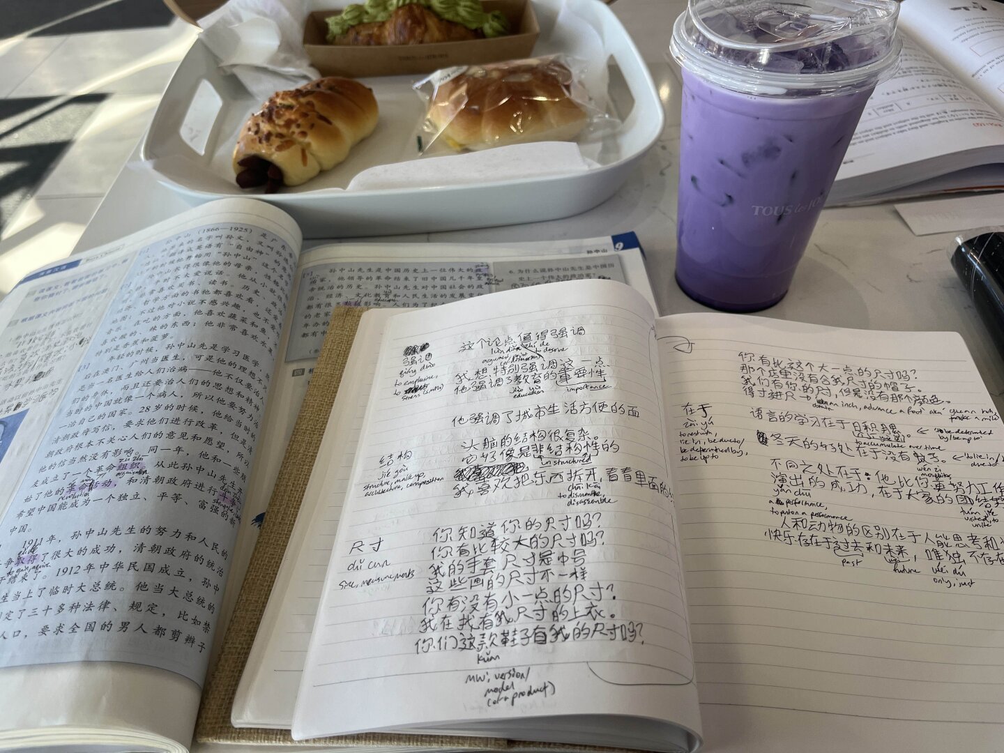 a photo of a cafe table, with a drink, some pastries on a tray, a chinese language learning workbook, and a notebook open on it.