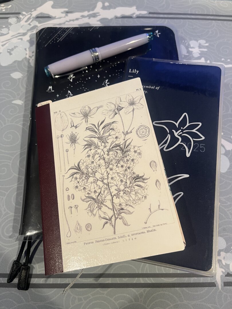 a photo of three notebooks in a stack, with a fountain pen on top