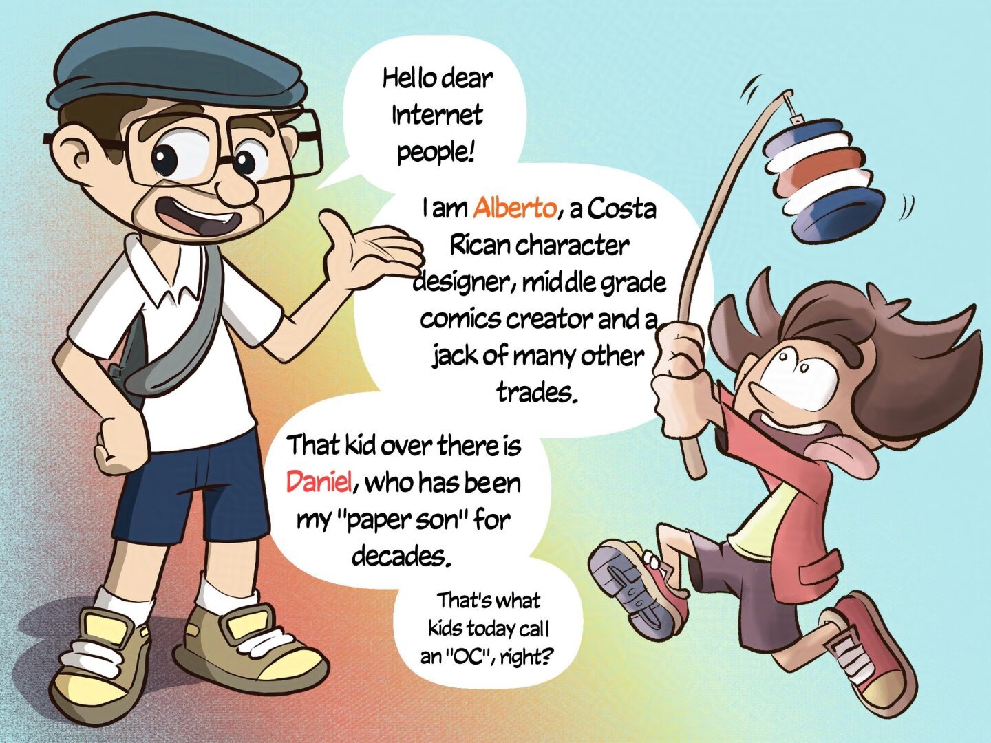 Left: Mascot version of the author, speaking: Hello dear Internet people! I am Alberto, a Costa Rican character designer, middle grade comics creator and a jack of many other trades. That kid over there is Daniel, who has been my "paper son" for decades. Right: Daniel holding a traditional lamp for the Indepedence Parade of Costa RIca.
