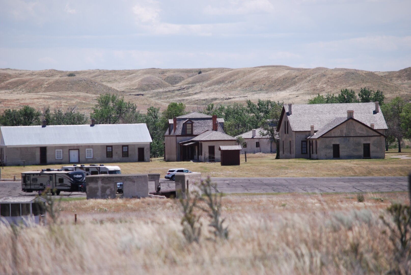 Fort Laramie buildings seen from the road leading in.