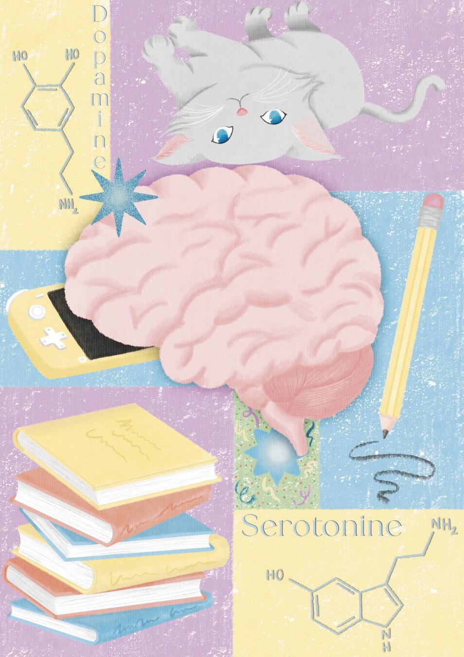 Illustration composed of different elements places in colored rectangles. Two box are yellow with the composition of sérotonine and dopamine. There are a cat latino on the back and a pile of books in purple boxes, and in the blue rectangles there are a yellow Nintendo switch and a Pencil drawing. In the middle, there is a brain over the rectangles.