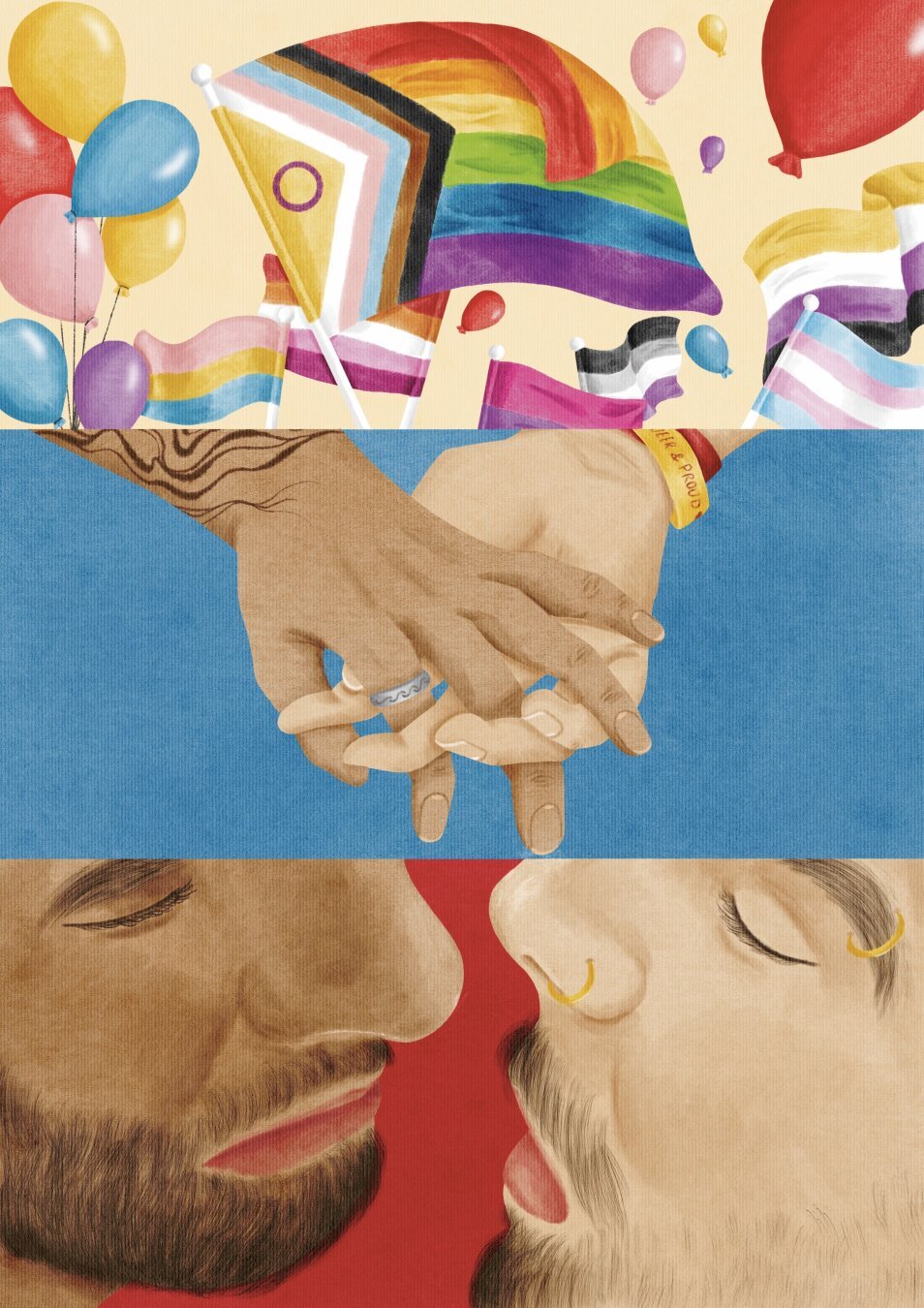 A queer illustration composed of 3 scenes, one under another. The first one shows colored balloons and queer flags, the second two hands holding, and the third a close up ow two man, a black and a white men, both witch beards, ready to kiss