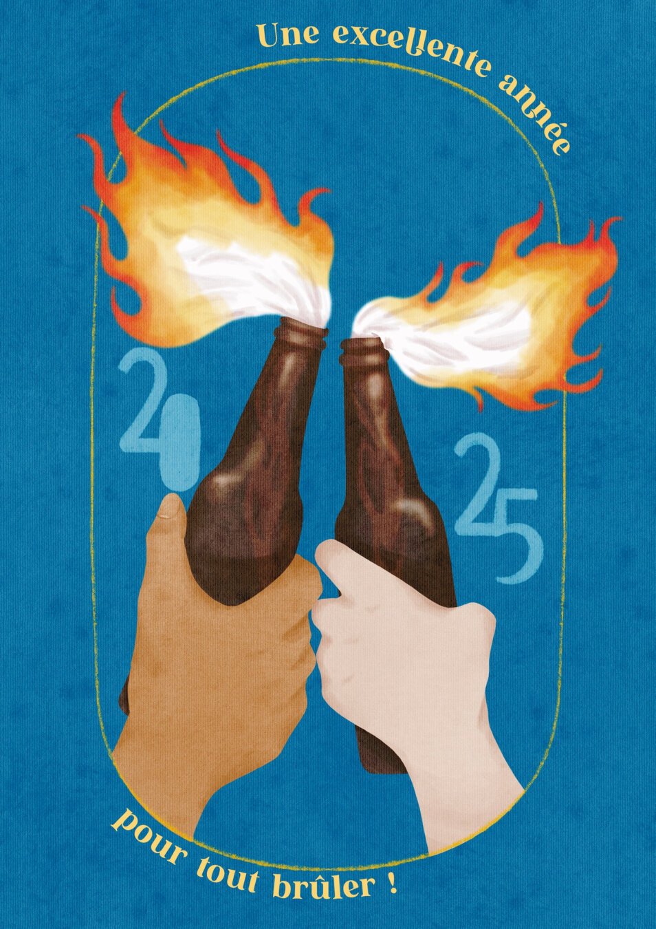 An illustration of two hands holding two molotov on fire, with a sentence framing the drawing. The text says : 