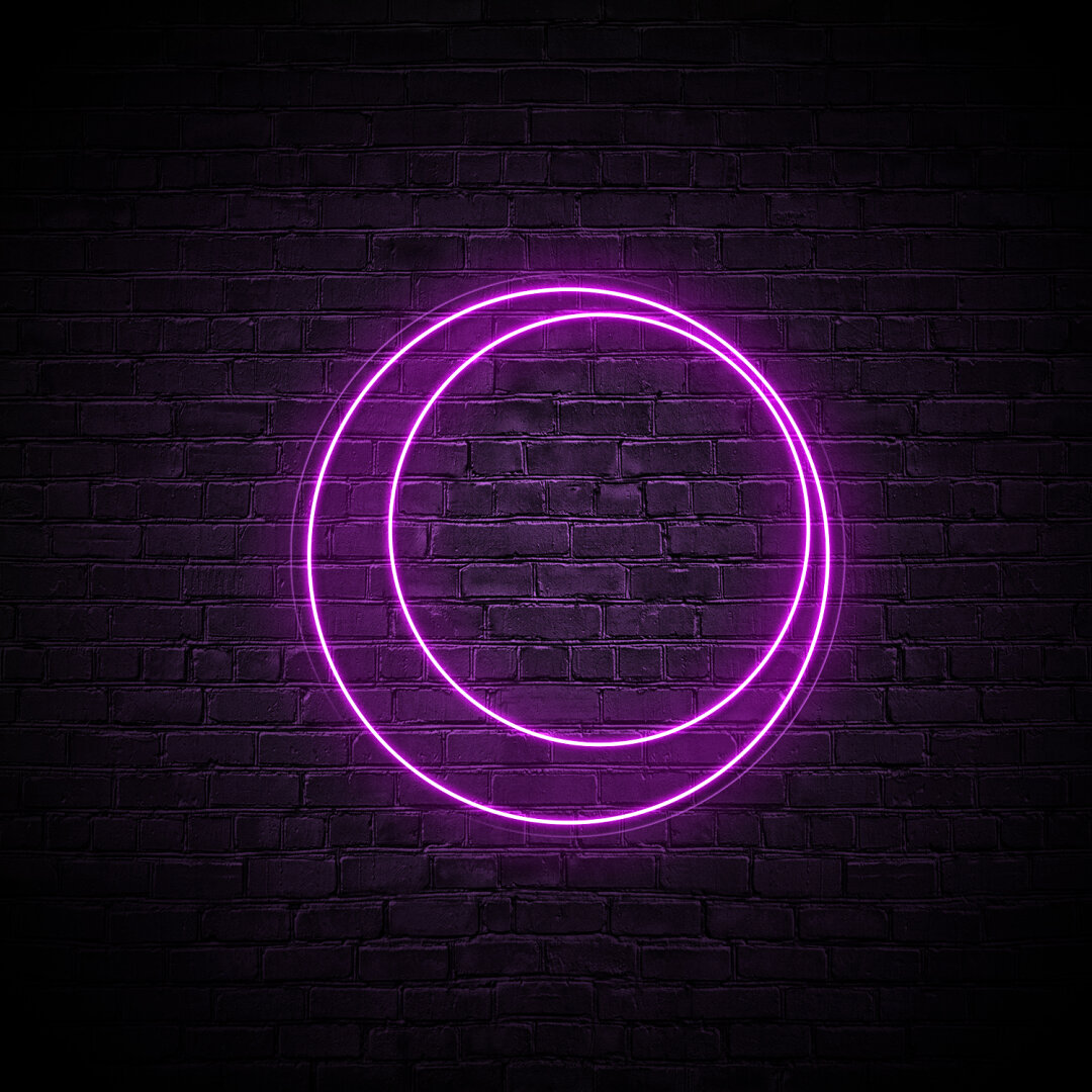 album art of 1 large purple neon circle with a 2nd circle on the inside of the 1st and shifted towards the upper right corner of the circle. purple light shines against a brick wall