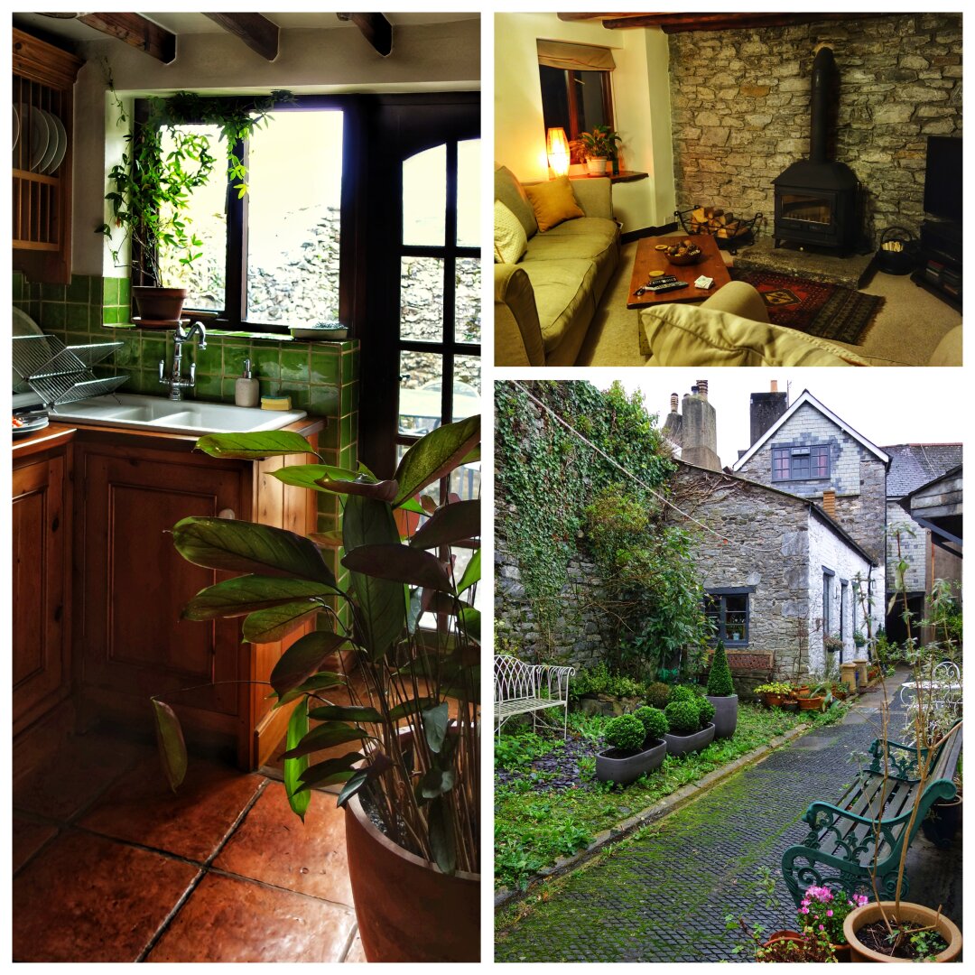 A three-part collage showcasing The Old Stables holiday cottage in Buckfastleigh. The left image shows a charming kitchen with wooden cabinets, a green tiled splashback, and a large window looking out onto a terrace. A tall potted plant sits in the foreground. The top right image displays a cosy living room with a rustic stone wall, a wood-burning stove, and comfortable sofas arranged around a coffee table. The bottom right image captures the cottage's exterior, featuring a picturesque stone wall covered in ivy, a paved courtyard with moss growing between the cobbles, and various potted plants and outdoor seating.