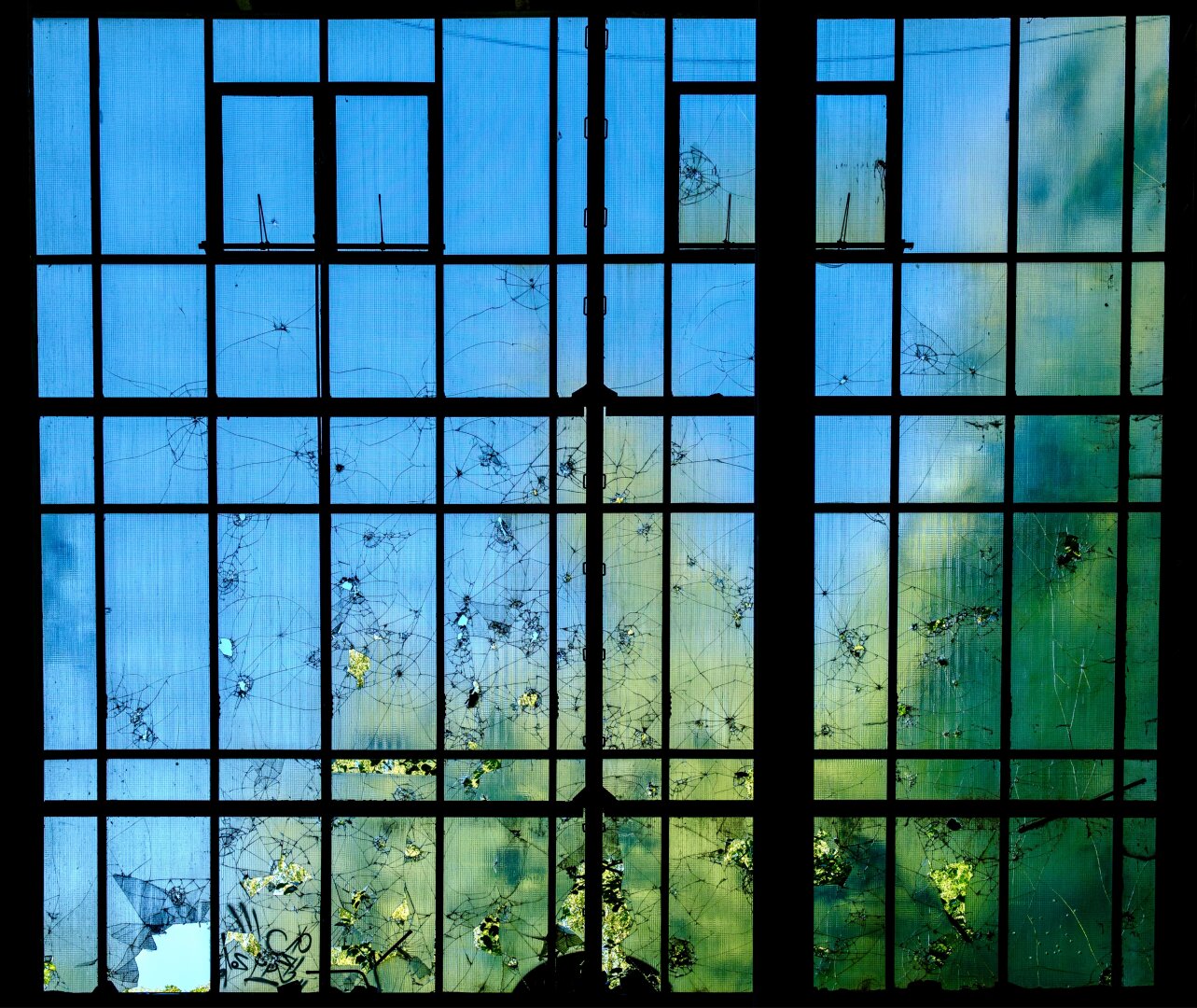 Ein altes Fenster mit Sprossengitter, bedeckt mit Spinnweben und Schmutz. Im Glas spiegelt sich ein blauer Himmel wider, im Hintergrund sind grüne Blätter zu erkennen.
