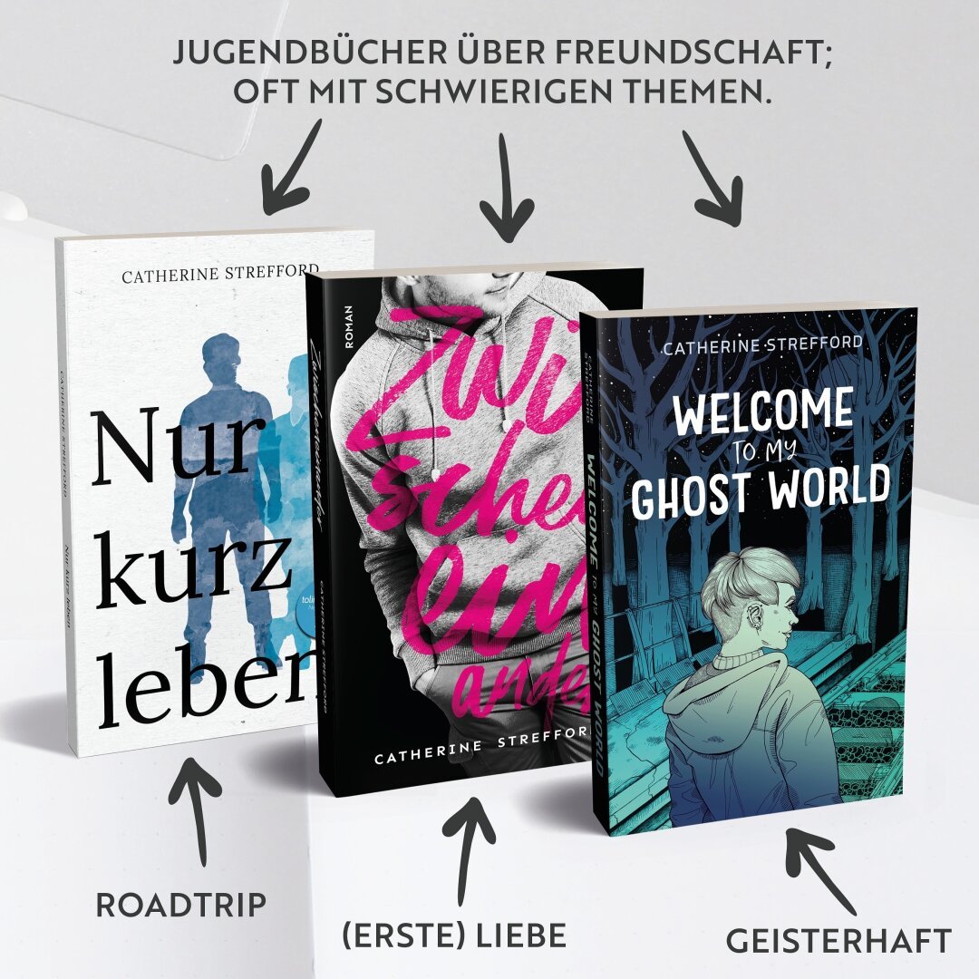 Zu sehen sind die Bücher der Autorin: Nur kurz leben, Zwischeneinander, Welcome to my Ghost World. Darüber steht mit Pfeilen zu allen Büchern: 