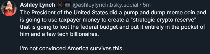 The BlueSky post from @ashleylynch.bsky.social reads:

The President of the United States did a pump and dump meme coin and is going to use taxpayer money to create a 