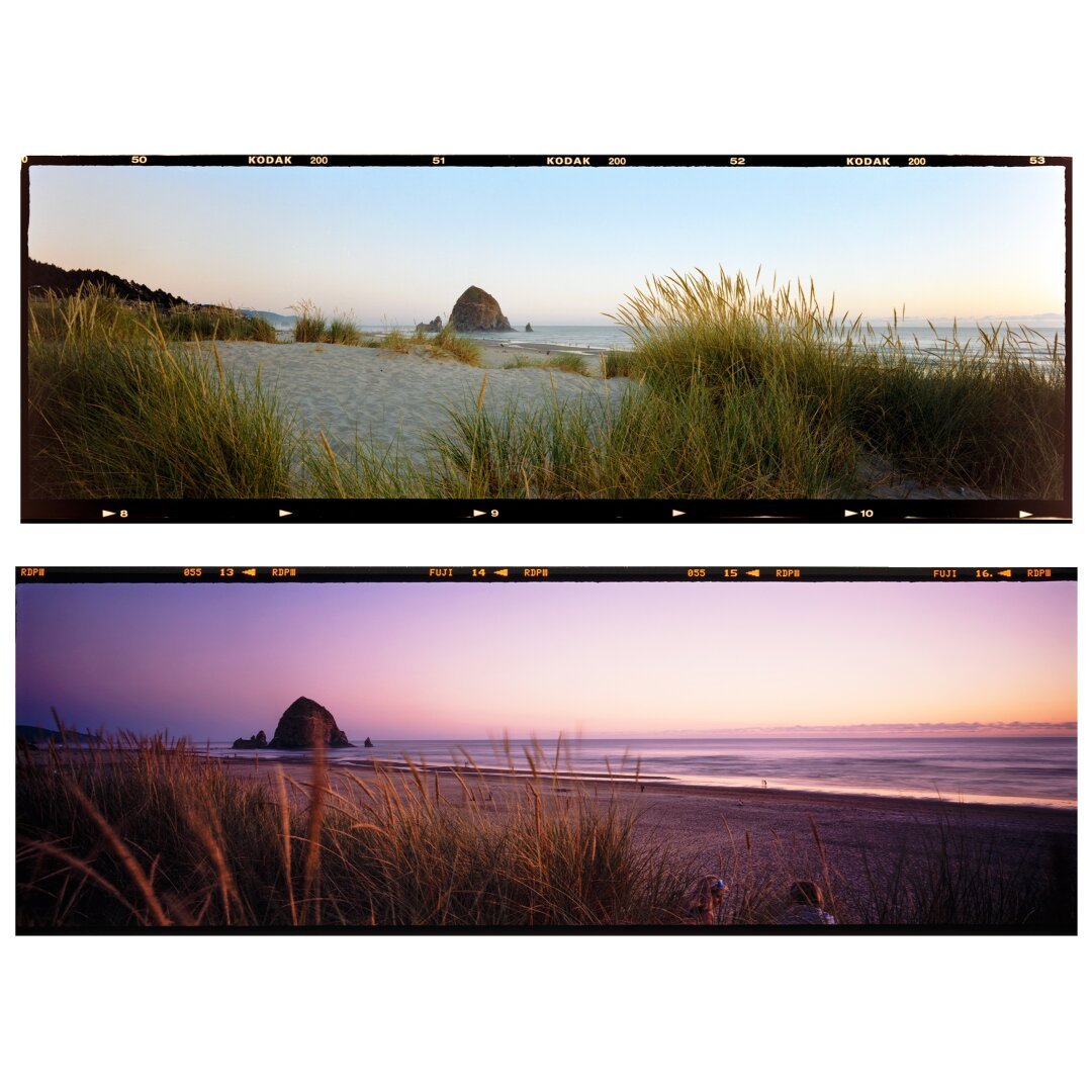 A rock on Cannon Beach in Oregon, on two different film stocks. The photos are panoramas.