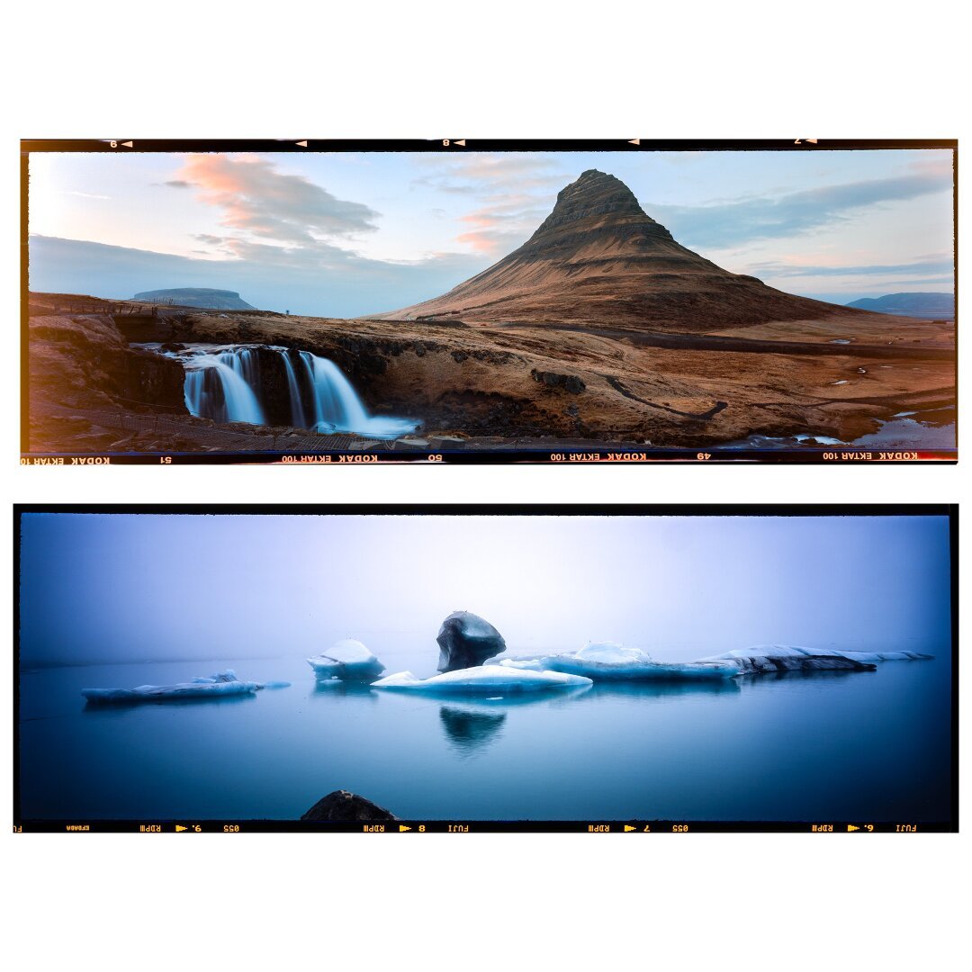 Two landscapes in Iceland, one of a mountain and one of a glacier. Both are taken on medium format film.