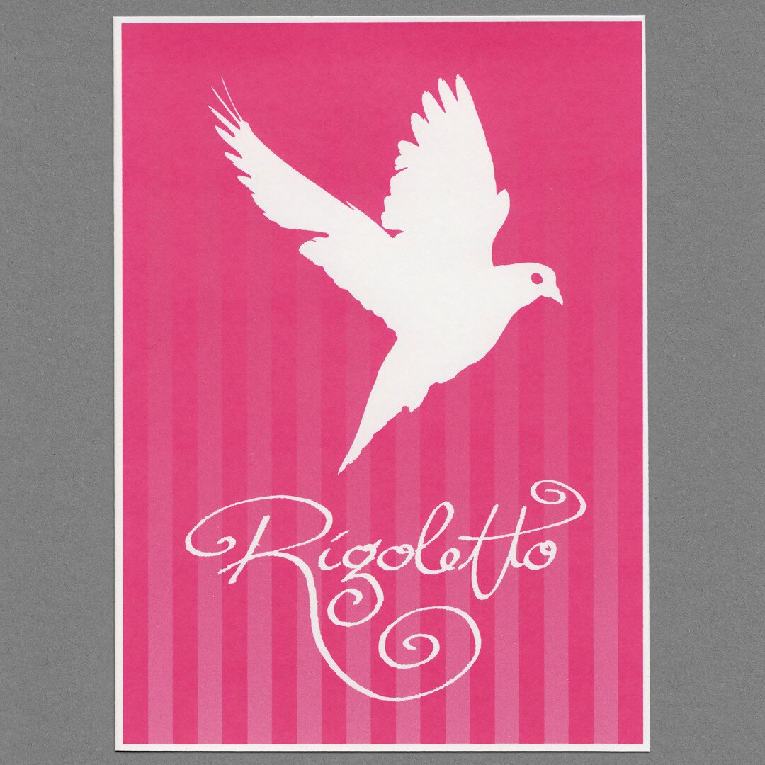 Dark pink greetings card, stripes in a lighter shade of pink fade from bottom to top and are reminiscent of the bars of a prison cell. In the centre, the empty silhouette of a dove above the handwritten text Rigoletto with decorative swirls. Grey cardboard in the background. Good-luck card for the premiere of Giuseppe Verdi’s opera Rigoletto in Detmold, Germany, season 2016/2017.