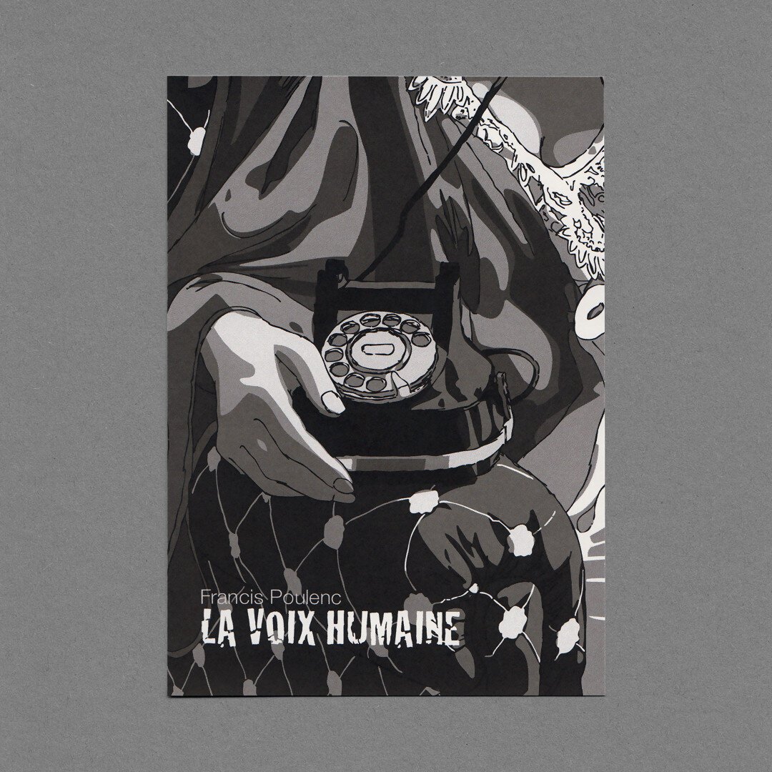 Black and white greeting card with line art illustration of a woman holding an old bakelite rotary phone on the armrest of a wing chair. Grey cardboard in the background. Good-luck card for the premiere of Frances Poulenc’s opera «La voix humaine» in Detmold, Germany, season 2016/2017.