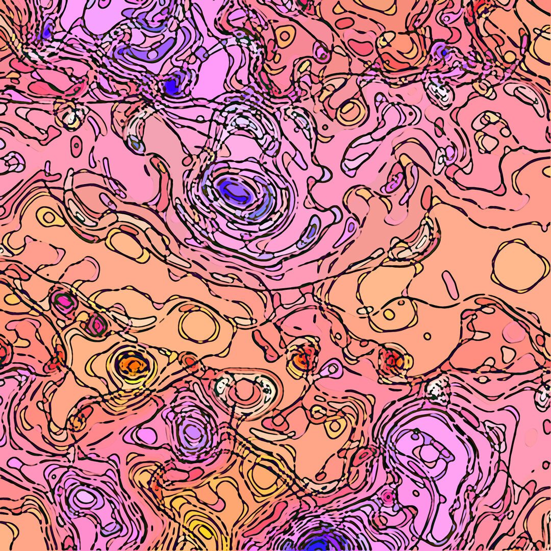 Random 2017 12 #132b. Abstract shapes and distorted circles in black outlines on pink, magenta and sand colored background, reminiscent of skin in a comic-book style. Computer-generated illustration from a Photoshop automation, programmed by Stefan Romero Grieser.