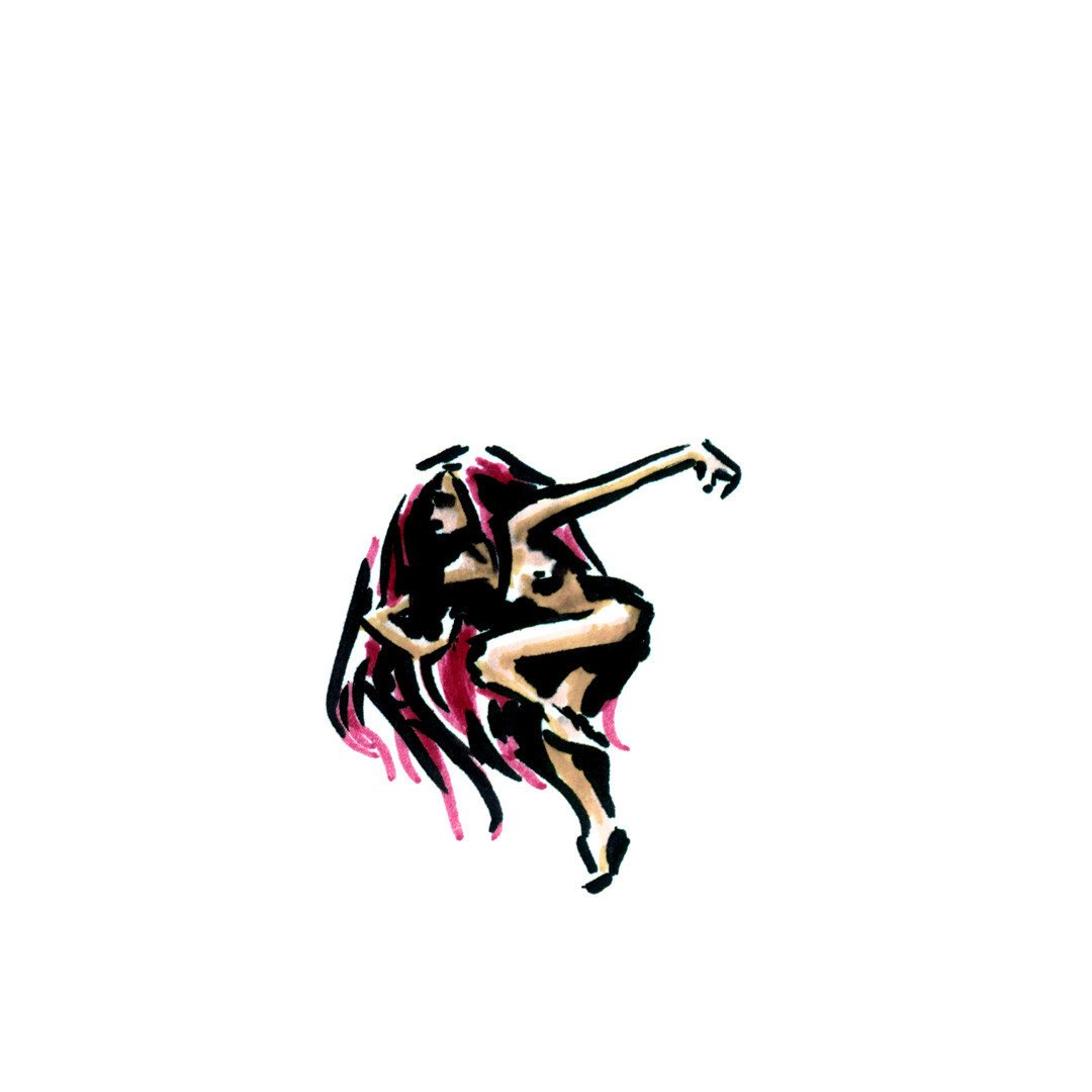 Nude female figure with knee-length pink hair on tiptoe, left leg raised, left arm stretched backwards. Black brush tip Copic marker and colored Copic markers on white.