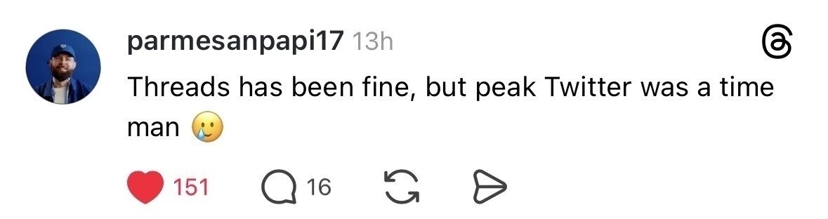 A social media post compares Threads to peak Twitter, noting a preference for the latter with an emotional face emoji, and has received likes, replies, and shares.