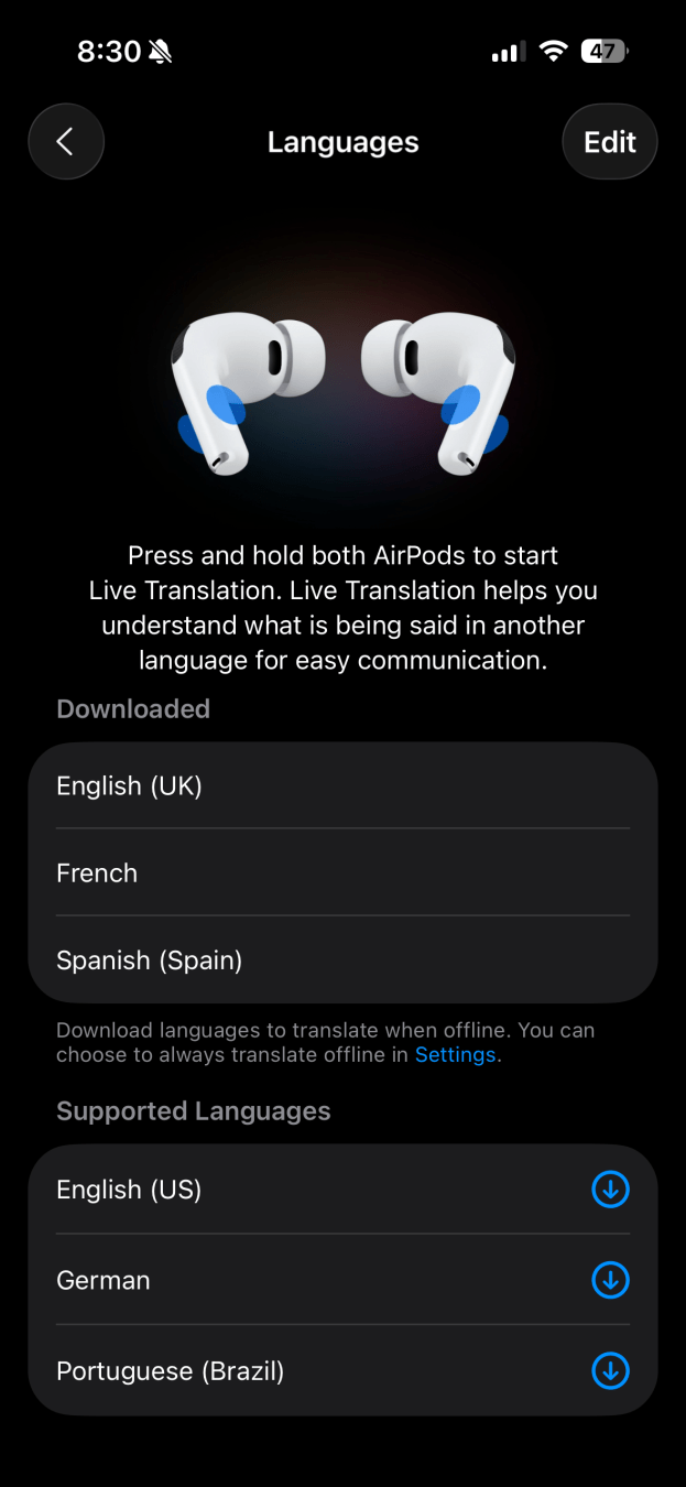 A screen displays language options for live translation using AirPods, including English (UK), French, and Spanish, with additional supported languages for download.