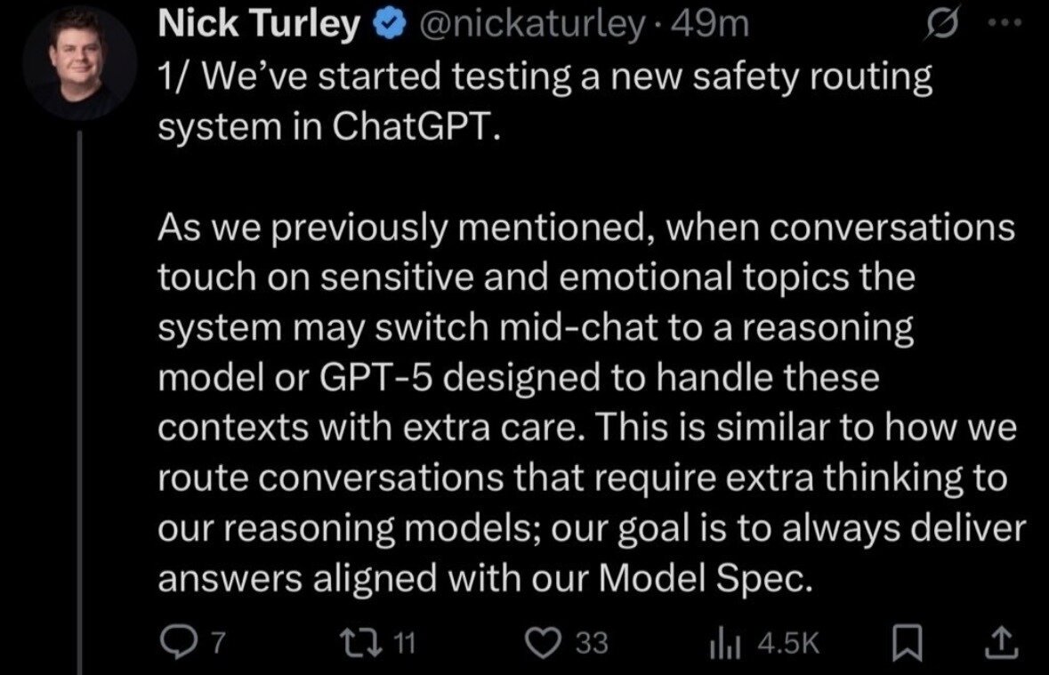 Nick Turley discusses testing a new safety routing system in ChatGPT that switches to a reasoning model or GPT-5 for sensitive topics.