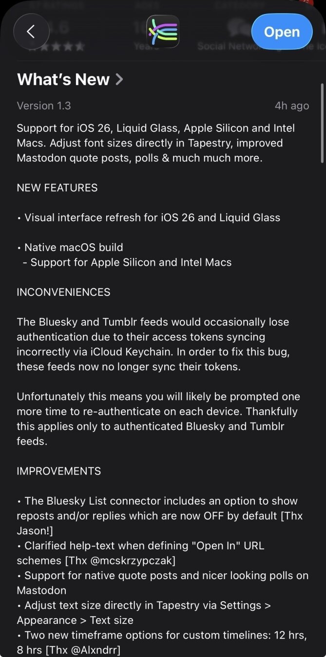 A screenshot displays the release notes for an update, highlighting new features like visual interface refresh, native macOS build, and support for Mastodon features, while also addressing inconveniences and improvements related to authentication and integrations.