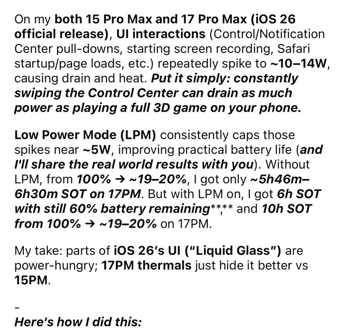 The text discusses battery drainage issues on iOS 26, particularly with the Control Center features, and compares standard and Low Power Mode performance on different phones.