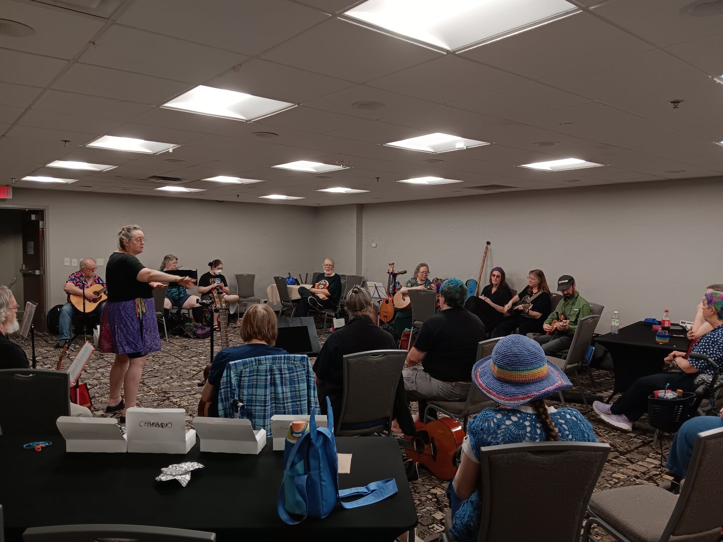 A large group of people sit in a circle in a hotel function room. Several appear to be playing instruments &/or singing. One person in a black top and purple skirt is standing near the left side and signing in ASL.