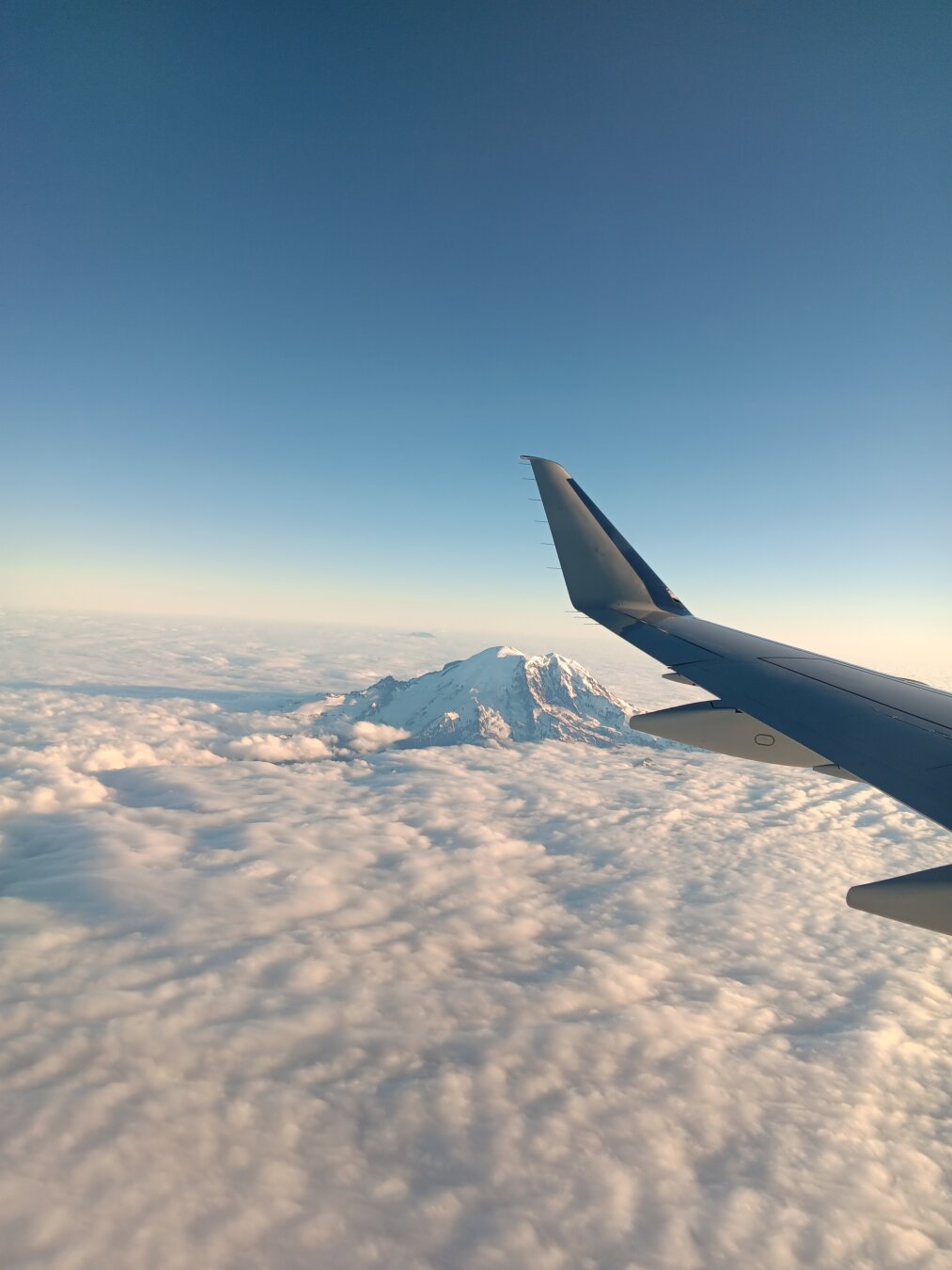 The snow-covered top of Mount Rainier shines in the sun above a subtly-textured cloud layer. The tip of an airplane wing can be seen on the right.