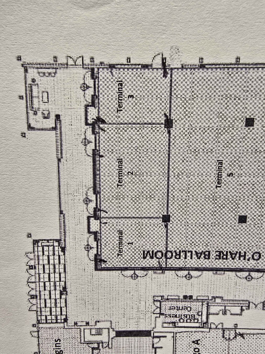 A hotel function room printout with several pen markings around the perimeter of one section.