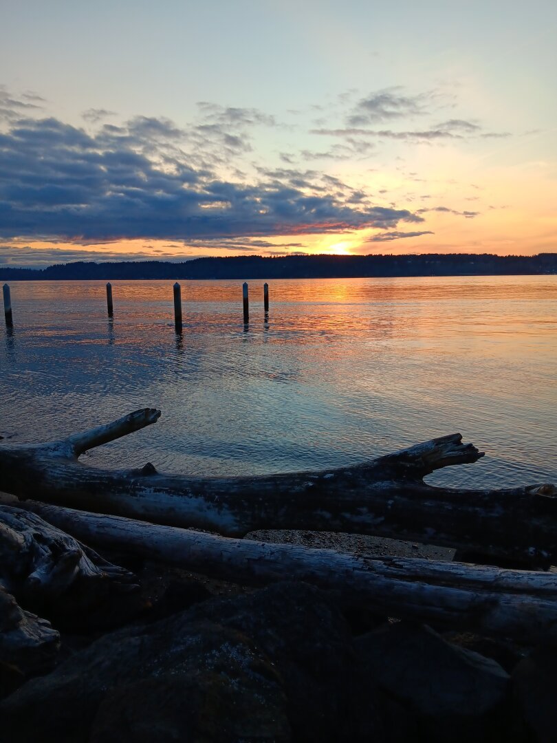 An orange sunset shines out from behind an island horizon, coloring gently rippled water that reflects varying shades of deep darker blues and oranges. There are dramatic clouds in the sky, and large weathered logs & driftwood in the foreground.