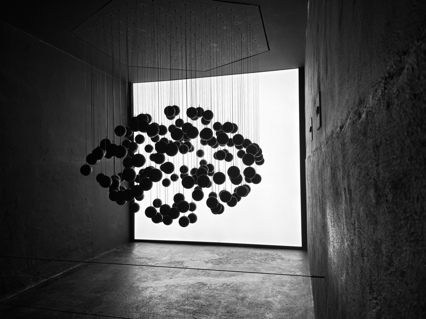 A cloud of hanging black balls in front of a light background