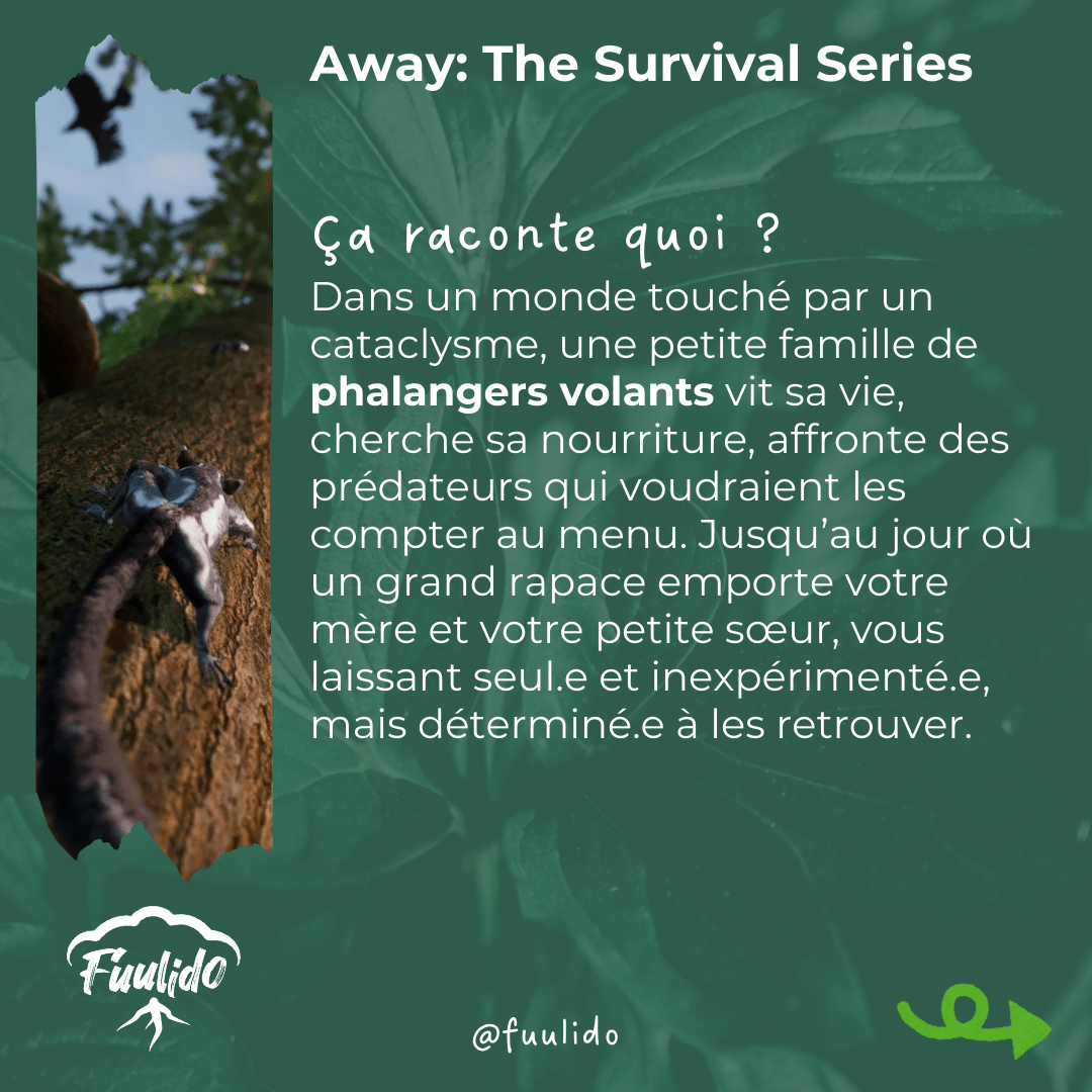 Ça raconte quoi ?
Dans un monde touché par un cataclysme, une petite famille de phalangers volants vit sa vie, cherche sa nourriture, affronte des prédateurs qui voudraient les compter au menu. Jusqu’au jour où un grand rapace emporte votre mère et votre petite sœur, vous laissant seul.e et inexpérimenté.e, mais déterminé.e à les retrouver.