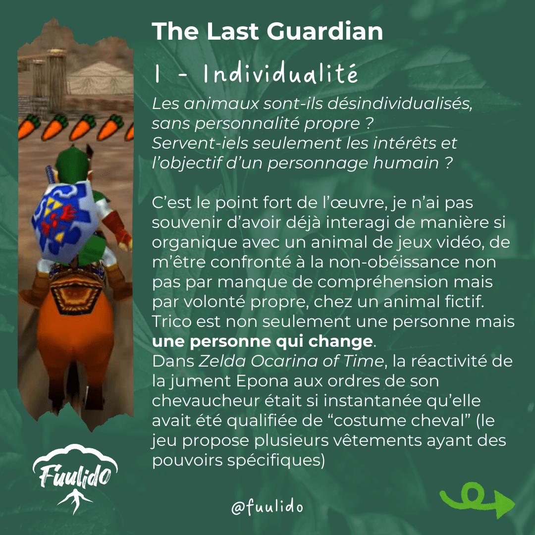 I - Individualité
Les animaux sont-ils désindividualisés, sans personnalité propre ?
Servent-iels seulement les intérêts et l’objectif d’un personnage humain ?

C’est le point fort de l’œuvre, je n’ai pas souvenir d’avoir déjà interagi de manière si organique avec un animal de jeux vidéo, de m’être confronté à la non-obéissance non pas par manque de compréhension mais par volonté propre, chez un animal fictif. Trico est non seulement une personne mais une personne qui change.
Dans Zelda Ocarina of Time, la réactivité de la jument Epona aux ordres de son chevaucheur était si instantanée qu’elle avait été qualifiée de “costume cheval” (le jeu propose plusieurs vêtements ayant des pouvoirs spécifiques)