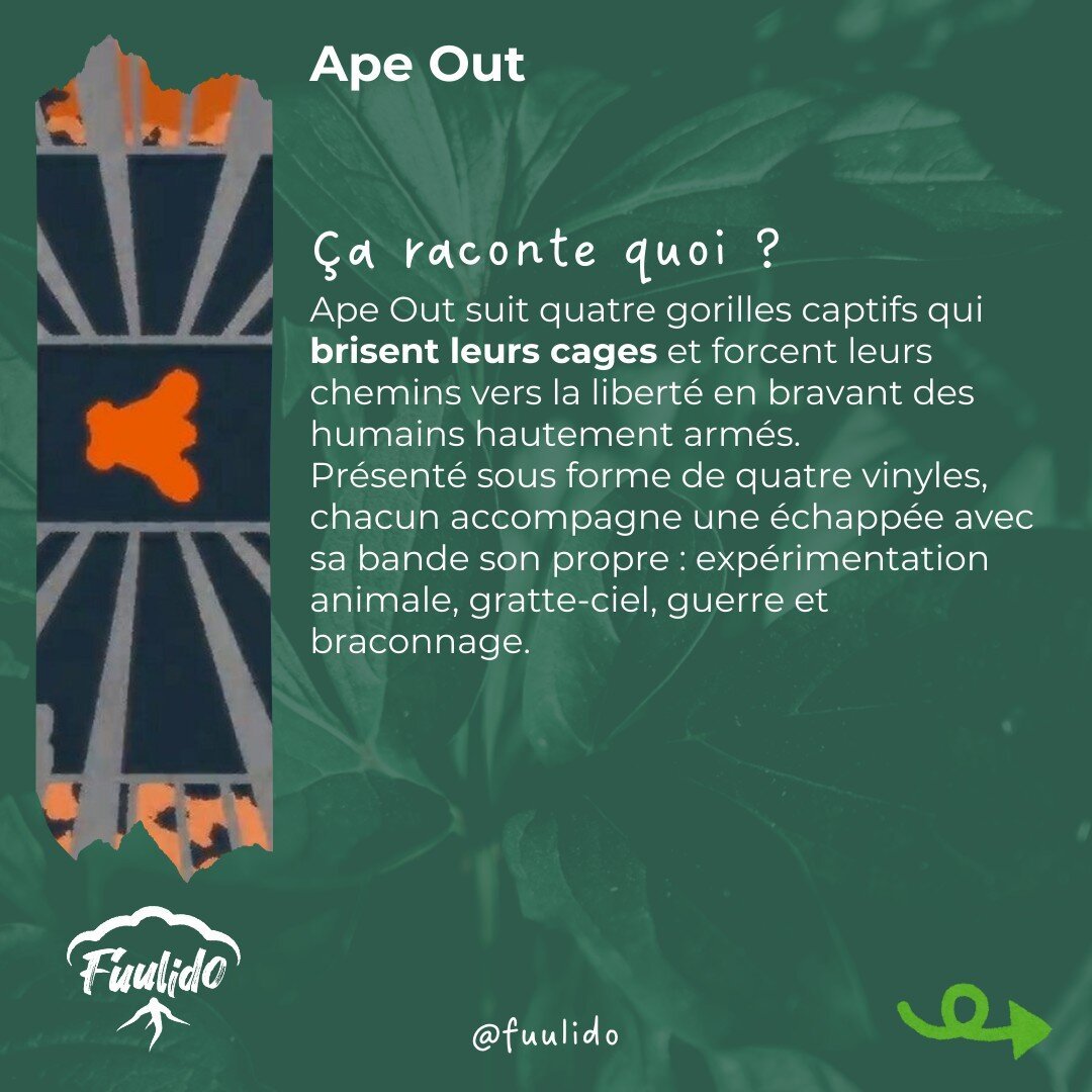 Ça raconte quoi ?
Ape Out suit quatre gorilles captifs qui brisent leurs cages et forcent leurs chemins vers la liberté en bravant des humains hautement armés.
Présenté sous forme de quatre vinyles, chacun accompagne une échappée avec sa bande son propre : expérimentation animale, gratte-ciel, guerre et braconnage.