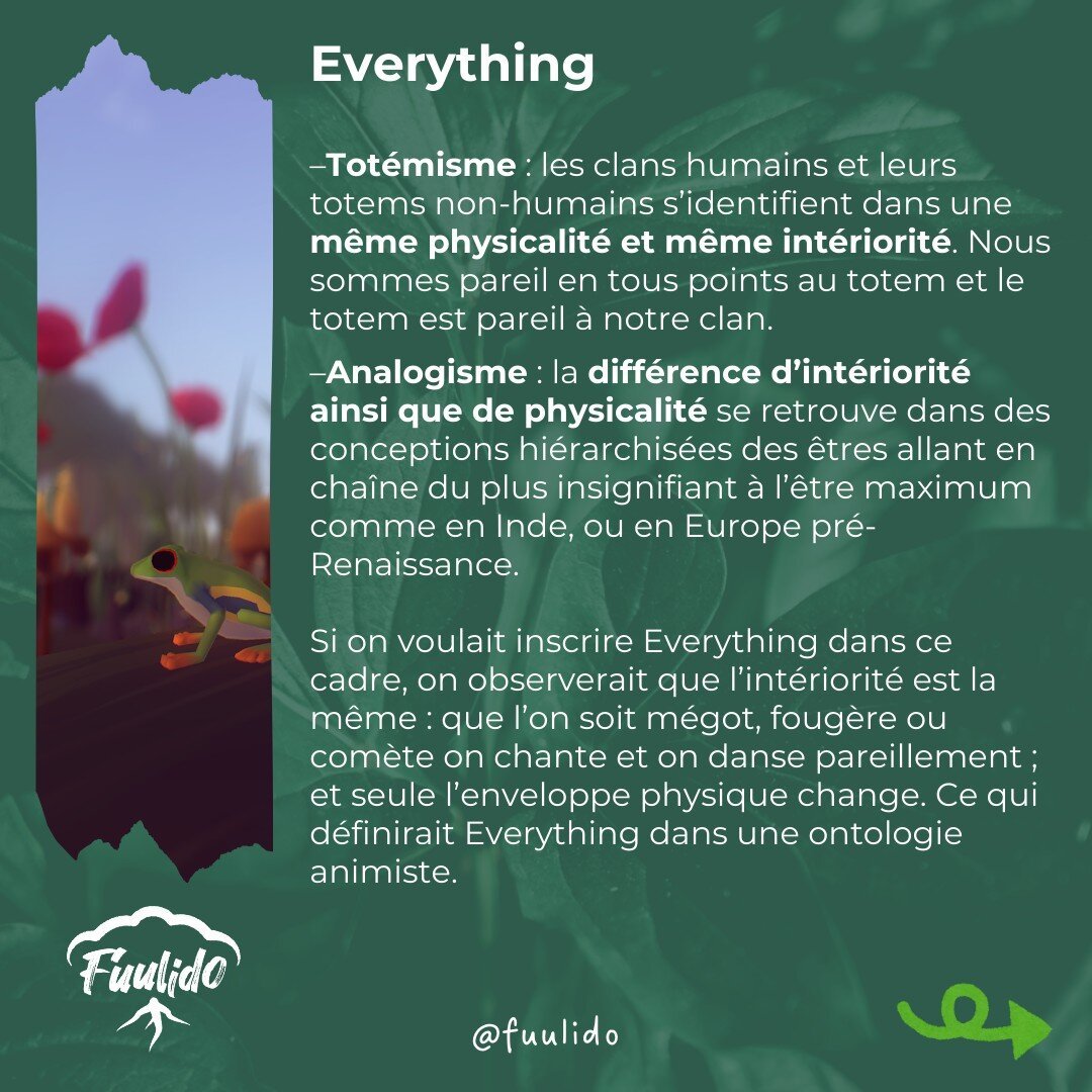 La nature est une construction sociale
–Totémisme : les clans humains et leurs totems non-humains s’identifient dans une même physicalité et même intériorité. Nous sommes pareil en tous points au totem et le totem est pareil à notre clan.

–Analogisme : la différence d’intériorité ainsi que de physicalité se retrouve dans des conceptions hiérarchisées des êtres allant en chaîne du plus insignifiant à l’être maximum comme en Inde, ou en Europe pré-Renaissance.

Si on voulait inscrire Everything dans ce cadre, on observerait que l’intériorité est la même : que l’on soit mégot, fougère ou comète on chante et on danse pareillement ; et seule l’enveloppe physique change. Ce qui définirait Everything dans une ontologie animiste.
