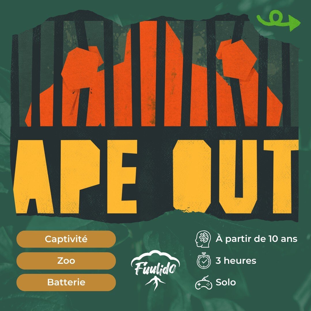 Ape Out
Accroche : Tu dois avoir la liberté
Tags : Captivité, Libération animale, Batterie, Zoo, Braconnage
Age : à partir de 10 ans
Durée : 3 heures
Mode : Solo