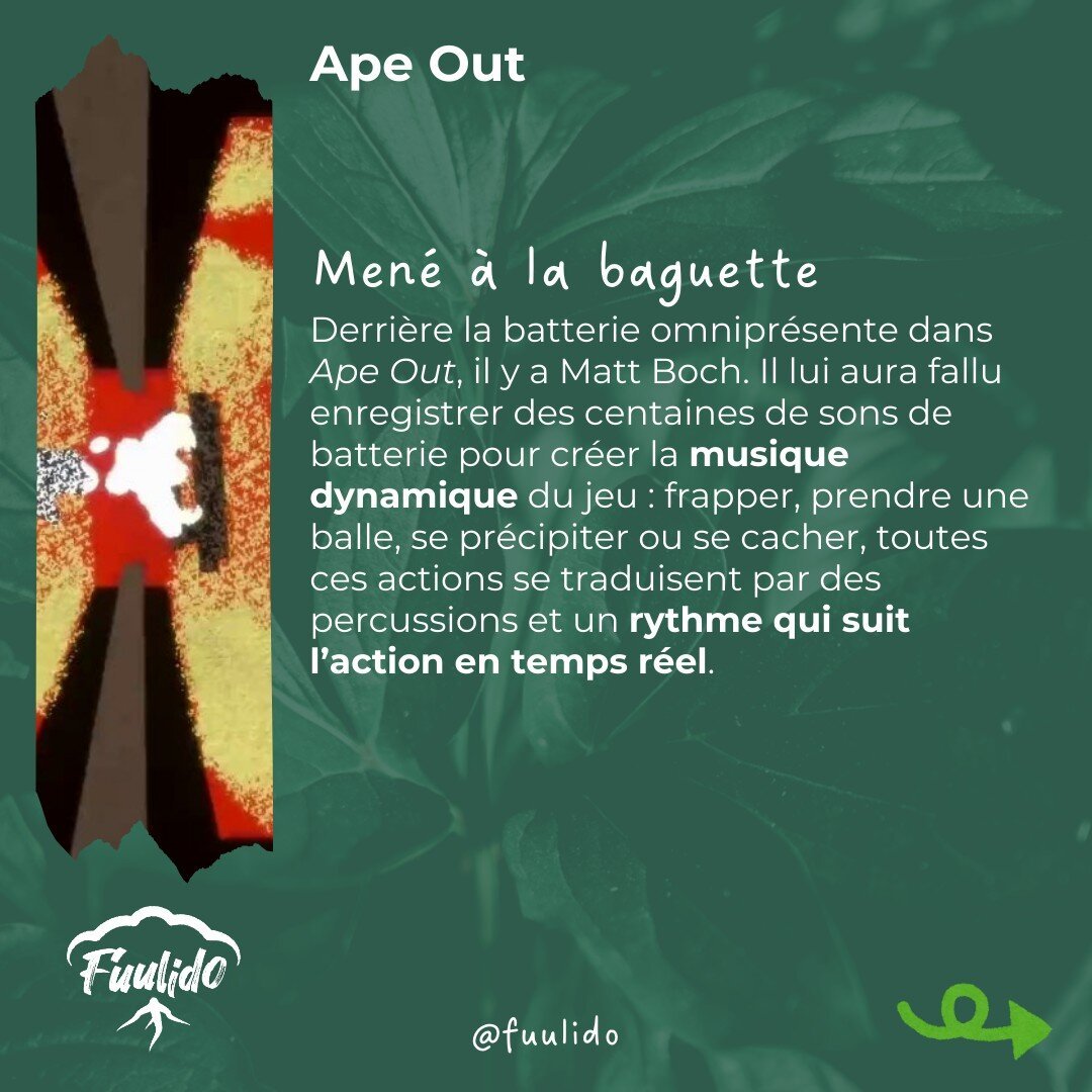 Mené à la baguette
Derrière la batterie omniprésente dans Ape Out, il y a Matt Boch. Il lui aura fallu enregistrer des centaines de sons de batterie pour créer la musique dynamique du jeu : frapper, prendre une balle, se précipiter ou se cacher, toutes ces actions se traduisent par des percussions et un rythme qui suit l’action en temps réel.
