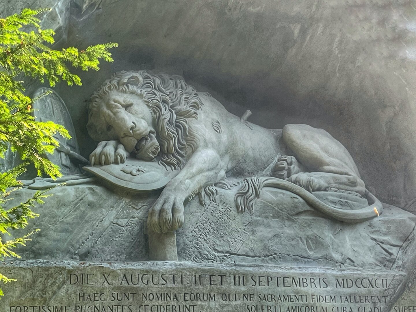 A detailed image of the Lion Monument in Lucerne, Switzerland, depicting a dying lion carved into a rock face. The lion rests its head on a shield bearing a Swiss cross, with another shield nearby showing a fleur-de-lis. The sculpture is surrounded by a natural setting with green foliage visible on the left. Latin inscriptions are engraved beneath the lion, commemorating the fallen Swiss Guards of 1792.