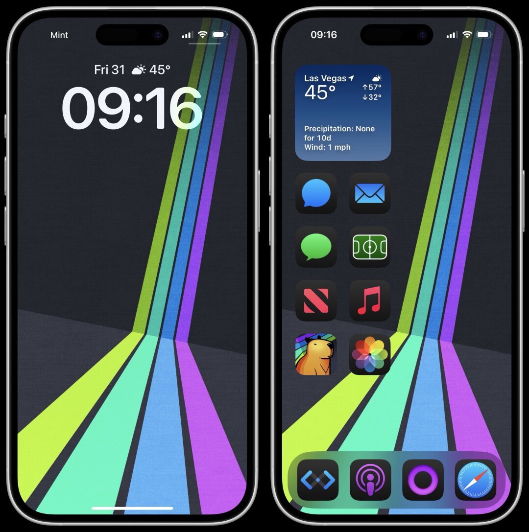 Image of an iPhone displaying a vibrant lock screen and home screen. The lock screen shows the time 