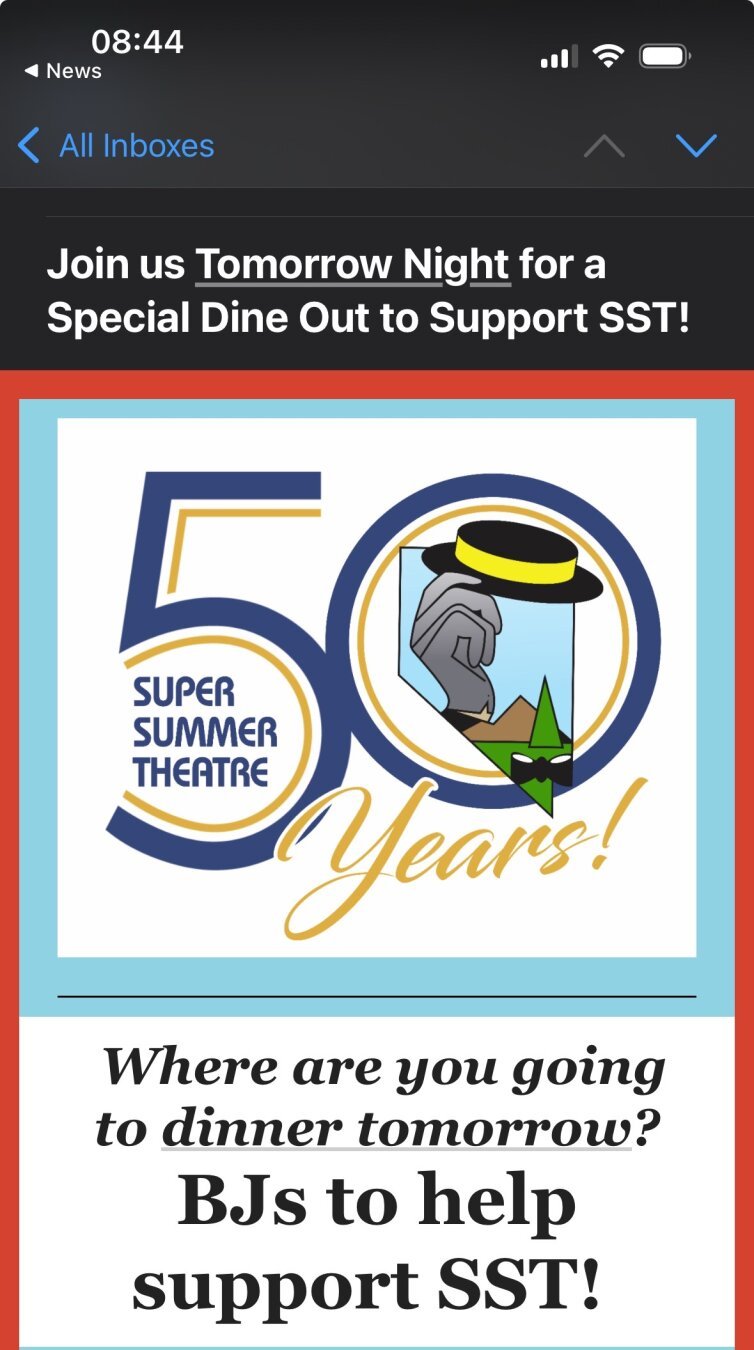 Image promoting a special dine-out event to support Super Summer Theatre. Features the text 