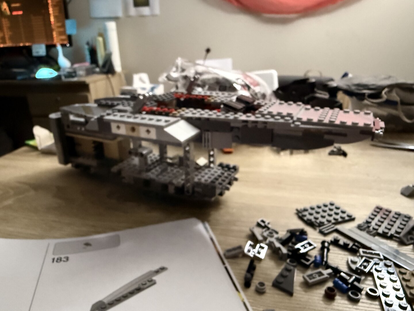 lego razor crest in a very early stage of assembly